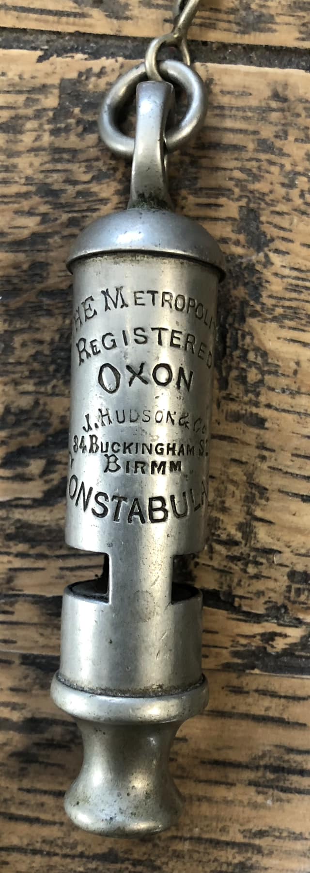 registered Metropolitan whistle, police force issue, refurbished example showing Metropolitan REGISTERED stamp