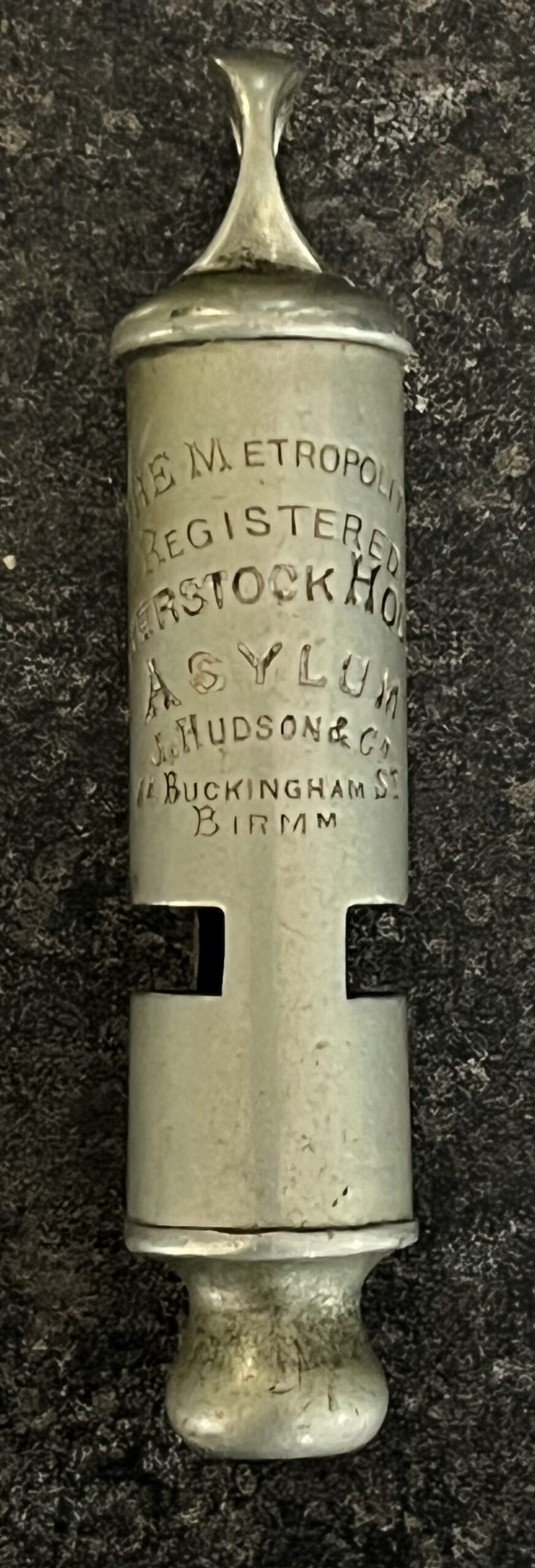 registered Metropolitan whistle example, asylum issue showing Metropolitan REGISTERED stamp