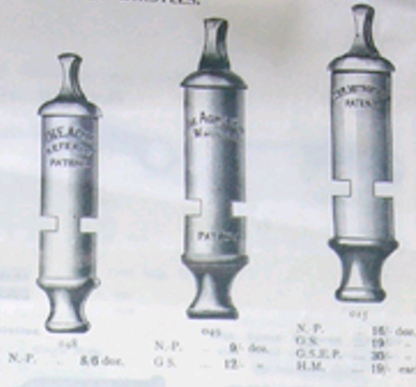 acme tubular whistle comparison from 1910 catalog page showing Model 048 (left) and Model 015 (right)