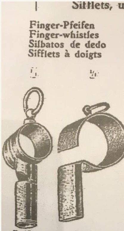 skeleton whistles featured in a 1927 H. Nicholas French catalog page, product lineup and pricing layout
