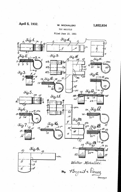 skeleton whistles shown in a 1932 toy patent drawing, technical diagram of frame whistle construction