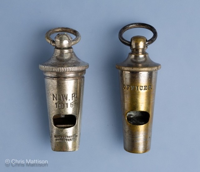 Alfred De Courcy government railway whistles dated 1915 found in 2025, collection photo